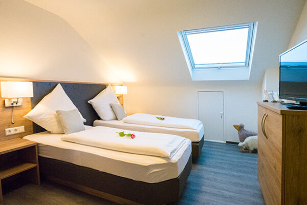 Helles Appartement mit Bett und Dachfenster im Hotel Lamm